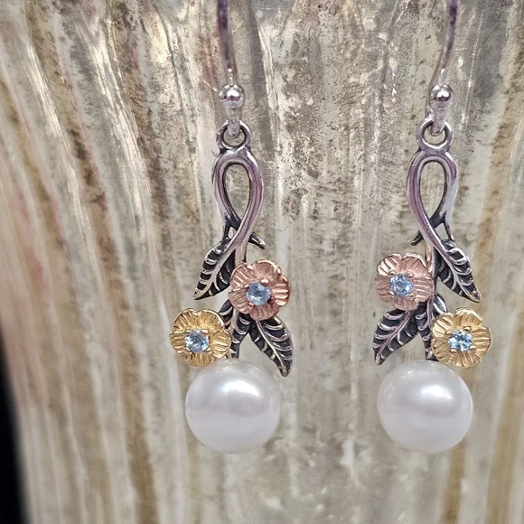 PZ Israel 925 Silver with Blue Topaz and Freshwater Pearls Drop Earrings - Picture 2 of 15